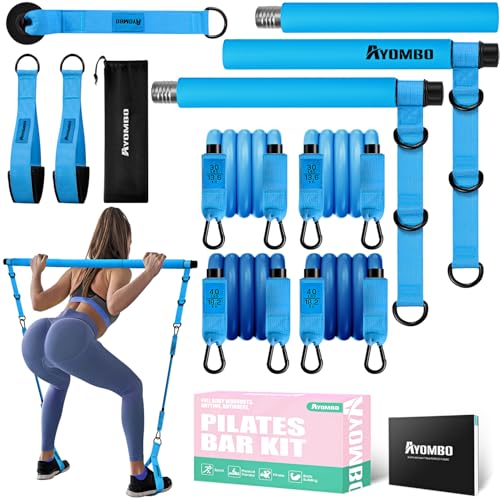 Ayombo Pilates Bar Kit with Resistance Bands, Pilates Workout Equipment for Legs, Hip, Waist, Arm, Squats Exercise Equipment for Home Workouts, Adjustable 3-Section Pilates Bar Kit for Women & Men - color: Blue