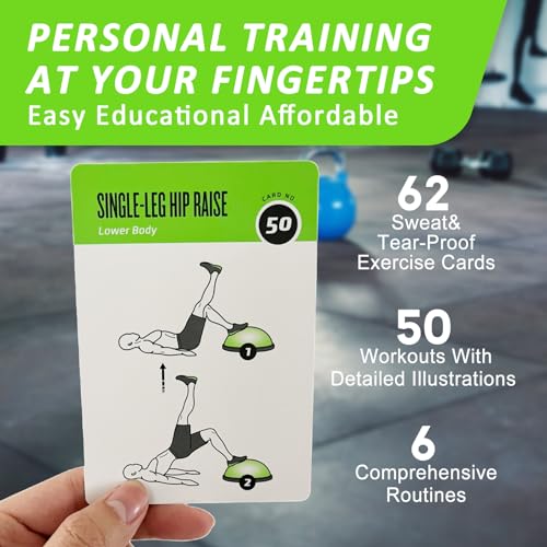 Half Balance Ball Workout Cards, 62 Exercises Cards Deck Large Size 5" x 3.5" Fitness Cards for Women & Men, Beginner Fitness Guide to Training Exercises at Home or Gym