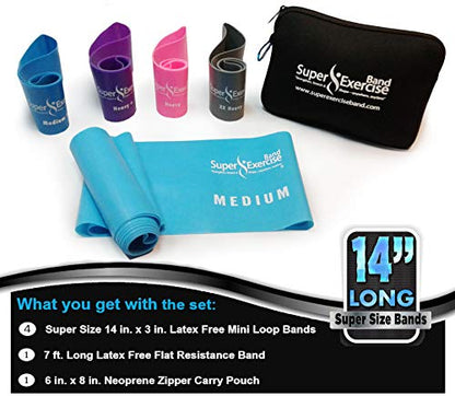 USA 14" x 3" Extra Long Latex Free Mini Loop and Flat Resistance Band 5 Set. in Light, Medium or Heavy Strength. Includes an Exclusive iPhone App, E-Book, and Carry Bag. - color: b. MEDIUM STRENGTH SKY BLUE Set