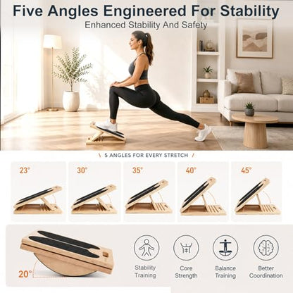 Wooden Slant Board for Calf Stretching and Achilles Stretch, 2-in-1 Adjustable Calf Stretch Board & Balance Board for Ankle Mobility, Physical Therapy and Stability Training