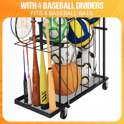 Garage Ball Storage With Baseball & Badminton Holder: Floor Sports Equipment Organizer, Sports Ball Rack With Elastic Rope, Ball Holder for Basketball, Soccer, Volleyball, Football, Garage, Gym, Black - size: Small, style: With Wheels And Bat Holder,Recta