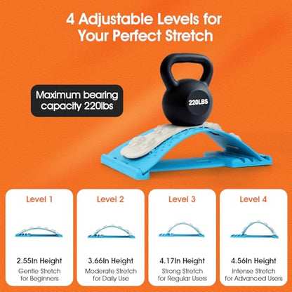Premium Back Stretcher for Lower Back Pain Relief – 4-Level Adjustable Lumbar Support Board with Soft EVA Massage Strip – Durable & Portable Back Cracker to Release Tension and Reset Your Day (Blue)