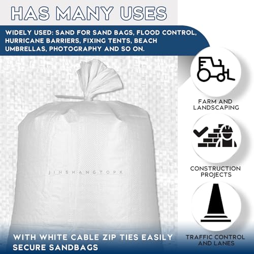 20PCS Sand Bags for Flooding, Flood Prevention Sandbags, White Sand Bags, 19"x 31"Heavy Duty Woven Sand Bag Sacks 100 lb, 25PCS Cable zip Ties for Flood Protection, Erosion Control, Hurricane Barriers