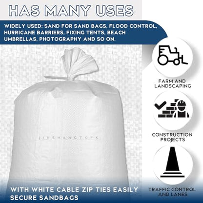 20PCS Sand Bags for Flooding, Flood Prevention Sandbags, White Sand Bags, 19"x 31"Heavy Duty Woven Sand Bag Sacks 100 lb, 25PCS Cable zip Ties for Flood Protection, Erosion Control, Hurricane Barriers
