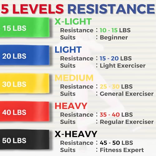 Resistance Loop Bands for Exercise Workout, Elastic Band, Stretch, Home Gym Fitness, Strength Training, Physical Therapy, Yoga, Women, Men, with Instruction and Carry Bag, Set of 5