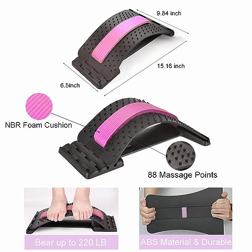 Back Stretcher for Lower Back Pain Relief, 4 Level Adjustable Lumbar Cracker Board Massager, Stretching Device for Scoliosis, Sciatica (Pink)