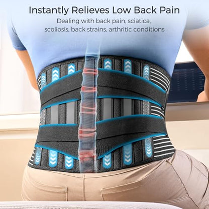 FREETOO Back Braces for Lower Back Pain Relief with 6 Stays, Breathable Back Support Belt for Men/Women for work , Anti-skid lumbar support belt with 16-hole Mesh for sciatica(L)