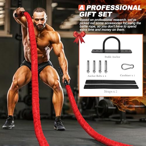 Battle Ropes for Home Gym Exercise - 1.5 Inch Diameter 30FT Red Battle Rope Workout Exercise Training Ropes with Protective Sleeve for Kids Men Women Exercise Fitness & Strength Training