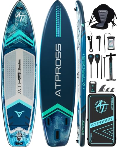 11'6"x35" Inflatable Paddle Board, 450lbs Extra Wide Stand Up Paddleboard for Adults with Premium SUP Accessories Kit & Backpack, Blow Up Kayak Non-Slip Stable Deck Boat for Yoga Fishing Surf - style: Blue/kayak seat