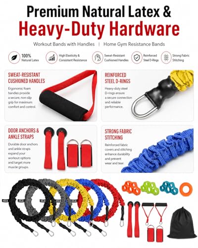 Resistance Bands Set with Protective Nylon Sleeves, 15-Pack Anti-Snap Exercise Bands (Up to 150 lbs), Heavy Duty Workout Bands with Handles, Door Anchor, Ankle Straps for Resistance Training