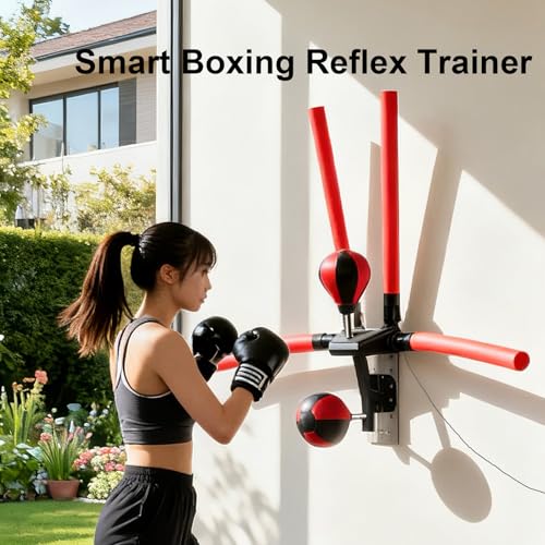 Smart Boxing Reflex Trainer with Remote Control, Wall-Mounted Striking System Featuring 4 Striking Rods and 2 Speed, Balls Boxing Trainer Offers 3 Modes and 3 Speed Settings to Enhance Reaction Time