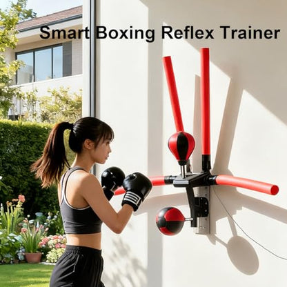 Smart Boxing Reflex Trainer with Remote Control, Wall-Mounted Striking System Featuring 4 Striking Rods and 2 Speed, Balls Boxing Trainer Offers 3 Modes and 3 Speed Settings to Enhance Reaction Time