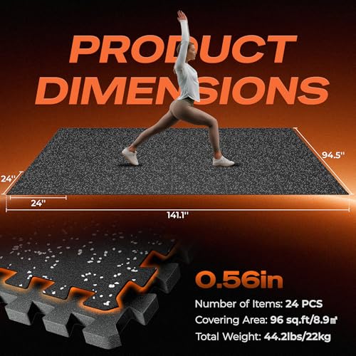 SUPERJARE 0.56'' Thick 24 Pcs 96 Sq Ft Rubber Top Exercise Equipment Mats, High Density EVA Foam Mats with Rubber Top, Interlocking Gym Flooring for Home Gym, Protective Workout Mat, Black/Grey - size: 24 Tiles (96 Sq Ft)
