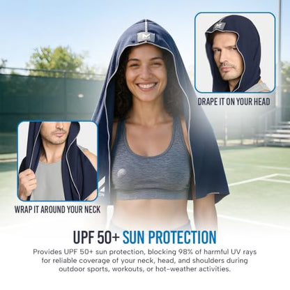 MISSION Cooling Hoodie Towel, Evaporative Cool Technology, Cools Instantly When Wet, UPF 50 Sun Protection, Contours Your Head to Stay in Place, Great for Sports, Fitness, Gym - color: Navy Blue