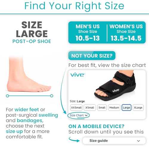 Vive Post Op Shoe - Lightweight Medical Walking Boot with Adjustable Strap - Orthopedic Recovery Cast Shoe for Post Surgery, Fractured Foot, Injured Toes, Stress Fracture, Sprains - Left or Right Foot - size: Large