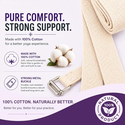 Yogikuti Premium Cotton Yoga Strap | Adjustable Yoga Belt for Stretching, Flexibility, Balance & Alignment | Yoga Accessories for Beginners, Pilates, Meditation, Exercise, Fitness & Physical Therapy - size: 9ft(3mtr)