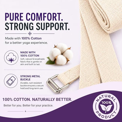 Yogikuti Premium Cotton Yoga Strap | Adjustable Yoga Belt for Stretching, Flexibility, Balance & Alignment | Yoga Accessories for Beginners, Pilates, Meditation, Exercise, Fitness & Physical Therapy - size: 9ft(3mtr)