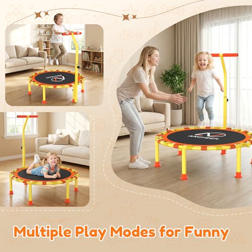 ANCHEER 38'' Kids Trampoline with Adjustable Handle, Indoor Outdoor Safe Rebounder, Heavy-Duty Recreational Trampoline with Safety Bar for Toddlers & Kids Home Play, 150lbs Weights Capacity