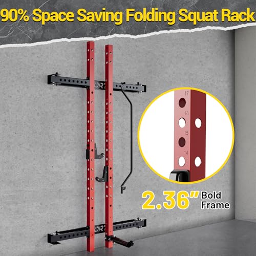 Folding Squat Rack Wall Mounted, 1000LBS Foldable Squat Rack for Home Gym and Garage, 2.4x2.4in Thick Steel with Pull Up Bar, J Hooks & Landmine Attachments, Space Saving Home Gym Power Cage