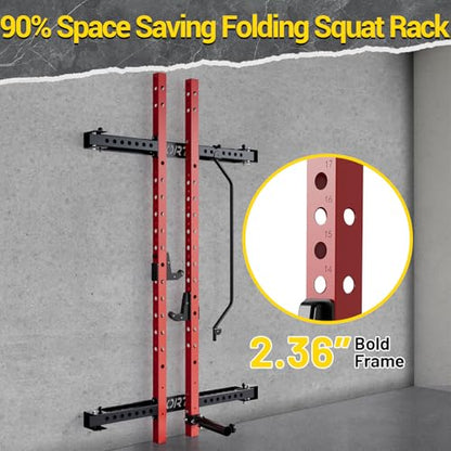 Folding Squat Rack Wall Mounted, 1000LBS Foldable Squat Rack for Home Gym and Garage, 2.4x2.4in Thick Steel with Pull Up Bar, J Hooks & Landmine Attachments, Space Saving Home Gym Power Cage