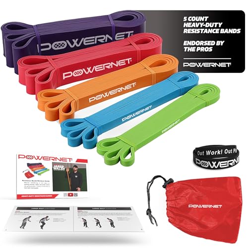 PowerNet Resistance Bands, Heavy Duty & Regular Resistance Color-Coded Exercise Bands, Workout Equipment for Home Gym, Progressive Elastic Bands for Stretching & Training, Regular, Heavy-Duty or Combo - style: Heavy Duty Bands