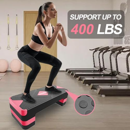Aerobic Exercise Step, Adjustable Aerobic Stepper for Exercise, Workout Step Platform, Step Up Box, 26.5" Step Deck with 4” 6” 8” Adjustable Height Risers, Women Home Gym Fitness