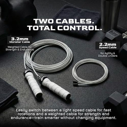 WOD Nation Attack Speed Jump Rope Adjustable Dual-Cable Skipping Rope for Men, Speed & Weighted Options, Fast Fold-Over Adjustment Durable Adult Boxing Rope for Fitness, Cardio Home Gym & Cross Training - color: White