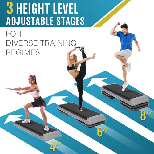 F2C 43 inch Aerobic Exercise Step Platform Adjustable Height Stepper Exercise Workout Step Bench with 4 Risers 4" - 6" - 8" Large Fitness Exercise Stair Step for Home Gym Fitness Training - color: Black