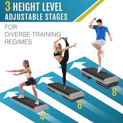 F2C 43 inch Aerobic Exercise Step Platform Adjustable Height Stepper Exercise Workout Step Bench with 4 Risers 4" - 6" - 8" Large Fitness Exercise Stair Step for Home Gym Fitness Training - color: Black