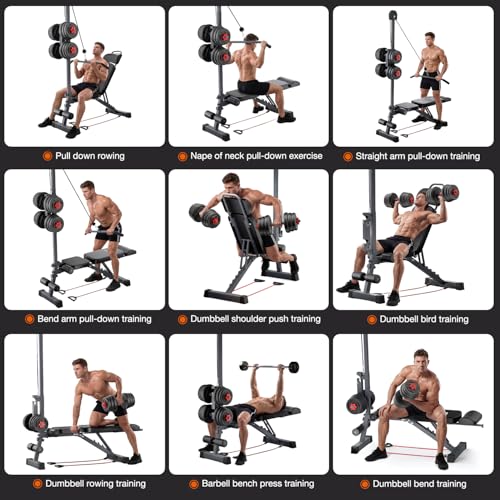 12-in-1 Home Gym LAT Pull Down & High Pulley System - Full Body Training Machine for Back, Chest, Arms & Tricep Workouts (Included Free Training Poster)
