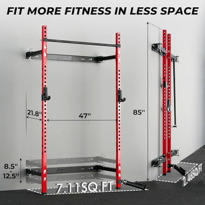 Mikolo 2" x 2" Folding Wall Mounted Squat Rack, 1000 Pounds Capacity Power Rack with Pull Up Bar, J Hooks and Other Attachments, Space-Saving Home Gym - color: Red, style: Home Gym Package (230 LBS)