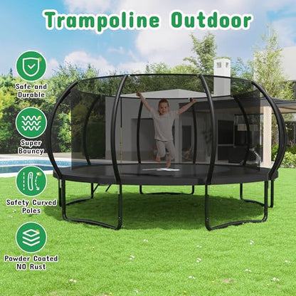 8FT 10FT 12FT 14FT 16FT Outdoor Trampoline with Safety Enclosure Net - color: Black, size: 16 FT