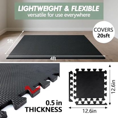 20 Sq Ft Gym Floor Mats (20 Tiles) – High-Density EVA Interlocking Foam Floor Tiles – Puzzle Exercise Mat for Home Gym, Workout Equipment, Weightlifting, Kids Play Area