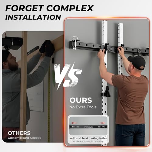 Mikolo 2" x 2" Folding Wall Mounted Squat Rack, 1000 Pounds Capacity Power Rack with Pull Up Bar, J Hooks and Other Attachments, Space-Saving Home Gym - color: White, style: Squat Rack with Safety Catches