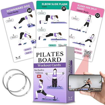 Pilates Board Workout Cards – 67 Exercise Cards with Videos & Workout Plan - Includes 5-Week Challenge, Ebook, Progress Chart & 2 Rings for Easy Organization - Home Portable Reformer Guide for Women