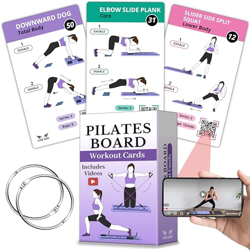 Pilates Board Workout Cards – 67 Exercise Cards with Videos & Workout Plan - Includes 5-Week Challenge, Ebook, Progress Chart & 2 Rings for Easy Organization - Home Portable Reformer Guide for Women