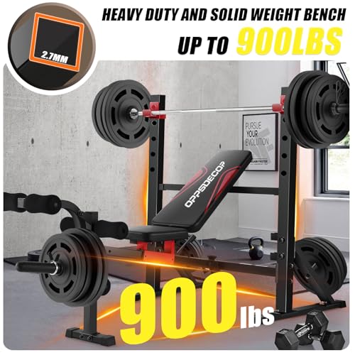 OPPSDECOR 900LBS Weight Bench Set with Squat Rack Foldable Bench Press Set with Leg Extension & Leg Curl Professional Flat/Incline/Decline Workout Bench for Home Gym Full Body Exercise