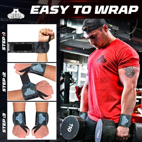 Bear Grips Wrist Wraps for Weightlifting | Weight Lifting Wrist Straps for Weightlifting | Extra Strength Gym Wrist Wraps | Two Wrist Wrap Per Pack | 12” & 18” | Lifting Wrist Wraps for Men & Women - color: Extra Strength: Black Camo