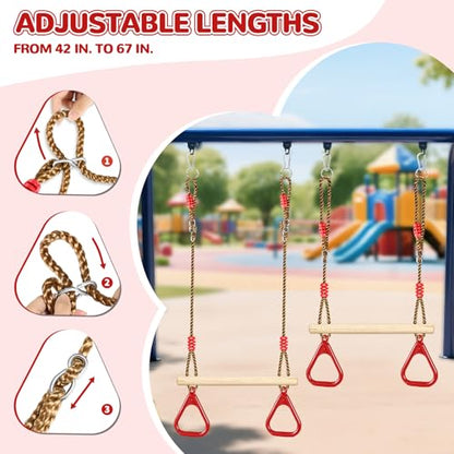 LadyRosian Wooden Trapeze Swing Bar, Adjustable Height Swing Set, Gym Rings, Playground Attachments, 16.5" Monkey Bar for Backyard, Playground, Playroom (Red) - color: Red