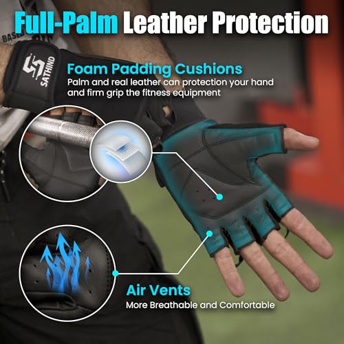 Leather Workout Gloves for Men & Women – Anti-Slip Weightlifting, Gym, and Cycling Gloves with StretchBack Mesh, Full Palm Protection Extra Grip for Fitness & Cross-Training Gloves