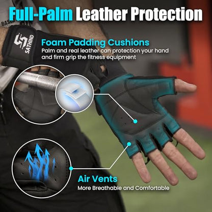 Leather Workout Gloves for Men & Women – Anti-Slip Weightlifting, Gym, and Cycling Gloves with StretchBack Mesh, Full Palm Protection Extra Grip for Fitness & Cross-Training Gloves