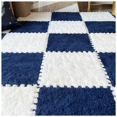 14 Pcs Carpet Puzzle Mats for Floor,Plush Carpet Tiles Interlocking Floor Mats,Fluffy Thick Foam Floor Tiles Puzzle Rug for Playroom,Classroom,Gym,Basement,White+Navy Blue - color: White+navy Blue