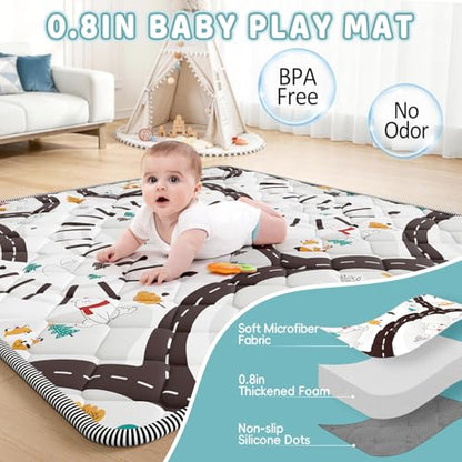 Palopalo 47x47 Foam Baby Floor Play Mat with Train Track Design - 0.8in Thick Cushioning Playmat for Safety, Non-Slip Playpen Mat for Infants & Toddlers, Perfect for Sensory & Motor Skill Development