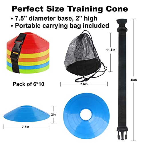 60-Pack Soccer Cones - Agility Flat Disc Cones with Carry Bag & Strap - Small Training Field Markers for Football Basketball Lacrosse - Indoor/Outdoor Sport Drills