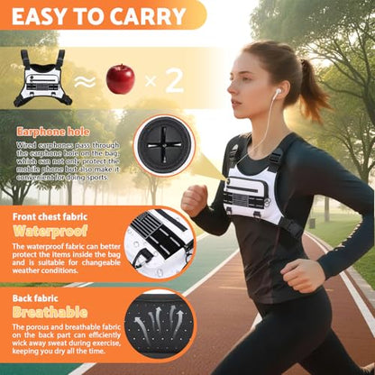 Muserise Sports Chest Bag For Men Women, Water Resistant Lightweight Front Chest Pack, Running Vest Bag With Built-In Phone Holder & Extra Storage For Workouts, Running, Cycling (White)