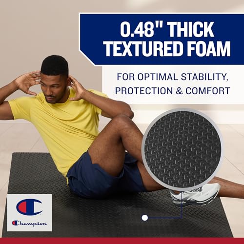 Champion Interlocking Foam Floor Tiles, 12mm Thick EVA Foam Exercise Mat Set with 4 Interlocking Mats & 8 Border Pieces, Non-Slip Cushioned Flooring for Home Workout, Yoga, Stretching, and Pilates