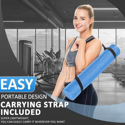 Signature Fitness All Purpose 0.25 Inch Thick High Density No Tear Exercise Yoga Mat with Strap & Lightweight Features for Indoor & Outdoor Use, Blue