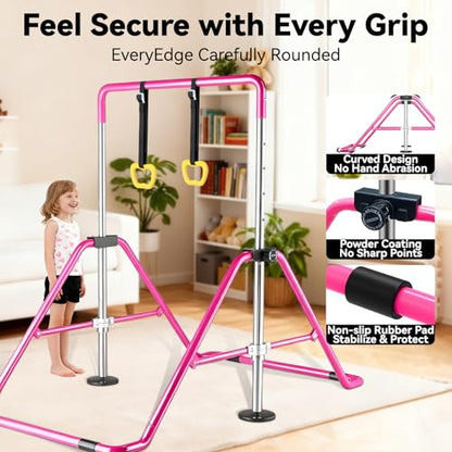 Kids Gymnastics Bar Gymnastic Equipment for Home Adjustable Height Gymnastic Training Bar Gymnastic Stuff for 3-7 Years Old Girls - color: Pink with ring