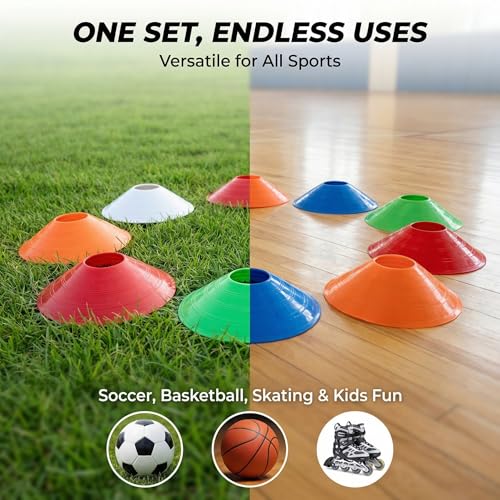 Sport Disc Cones 10 Pack, 5 Colors (Red, Orange, Yellow, Green, Blue), PE Material, for Soccer, Basketball, Skating and Agility Training