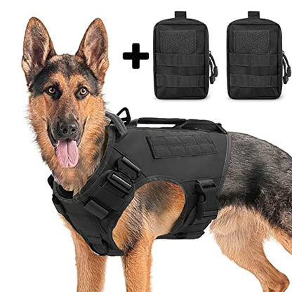 Tactical Dog Backpack Harness for Large Breed Original Design Metal Buckle Vest with Side Bags Pouches for Service Working Training (Black (with 2 Pouches), L)